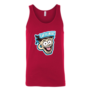 front view of a red tank top featuring the original Caffeiniac dude cup design on the front