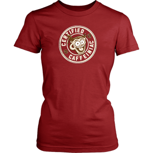 front view of a womans red shirt featuring the Certified Caffeiniac design in tan ink on the front