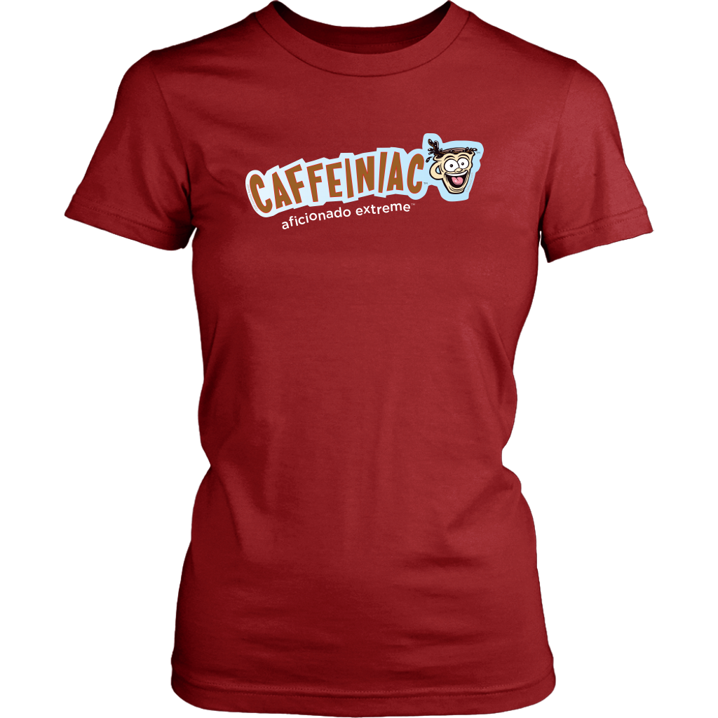 Front view of a District Womens red Shirt featuring Caffeiniac Aficionado Extreme design