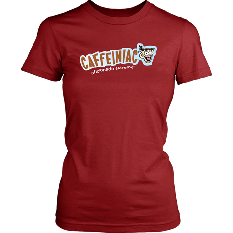 Image of Front view of a District Womens red Shirt featuring Caffeiniac Aficionado Extreme design