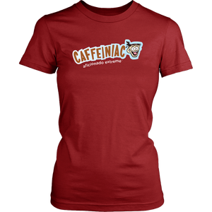 Front view of a District Womens red Shirt featuring Caffeiniac Aficionado Extreme design