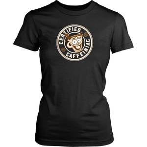 front view of a womans black shirt featuring the Certified Caffeiniac design in tan ink on the front