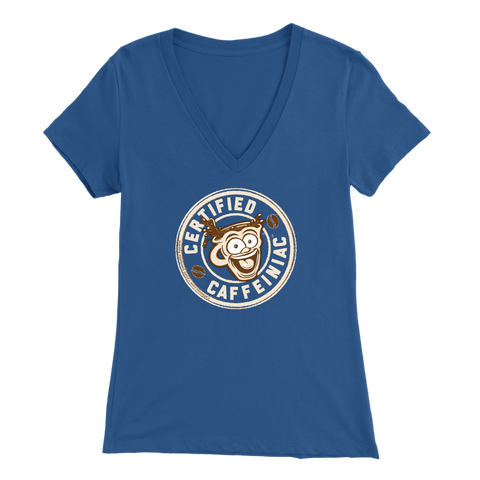 Image of front view of a blue v-neck shirt featuring the Certified Caffeiniac design on the front