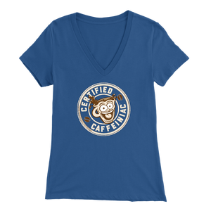 front view of a blue v-neck shirt featuring the Certified Caffeiniac design on the front