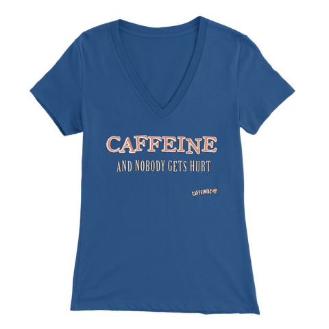 Image of front view of a royal blue V-neck Caffeiniac shirt with the design CAFFEINE and nobody gets hurt