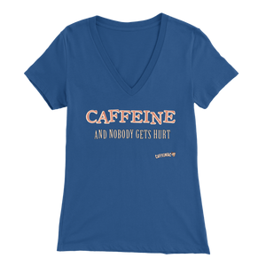 front view of a royal blue V-neck Caffeiniac shirt with the design CAFFEINE and nobody gets hurt
