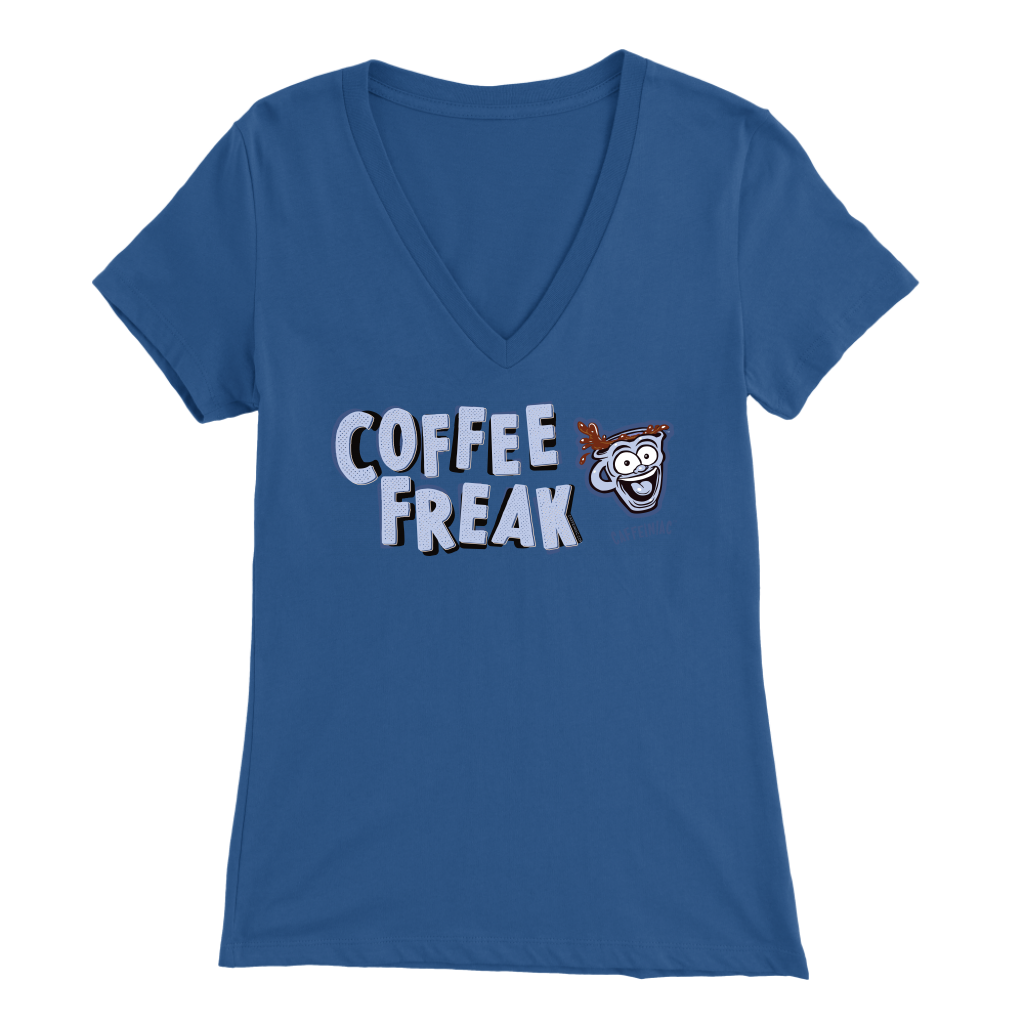 front view of a women's royal blue Caffeiniac v-neck t-shirt with the COFFEE FREAK design in light blue letters