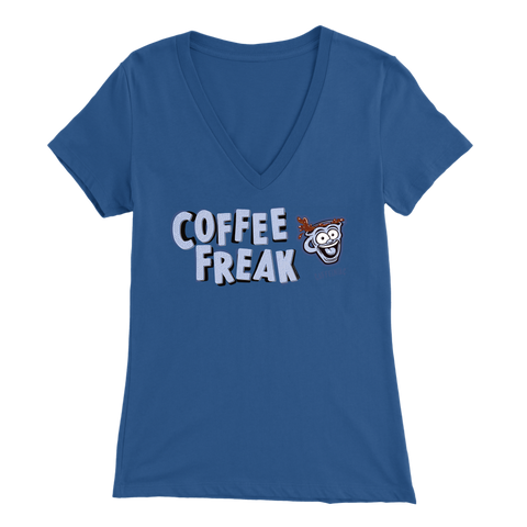 Image of front view of a women's royal blue Caffeiniac v-neck t-shirt with the COFFEE FREAK design in light blue letters