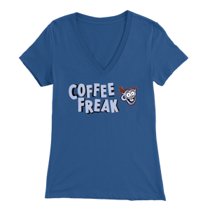front view of a women's royal blue Caffeiniac v-neck t-shirt with the COFFEE FREAK design in light blue letters