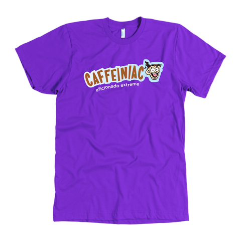 Image of front view of a purple t-shirt with the Caffeiniac aficionado extreme design on the front