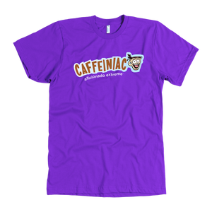 front view of a purple t-shirt with the Caffeiniac aficionado extreme design on the front