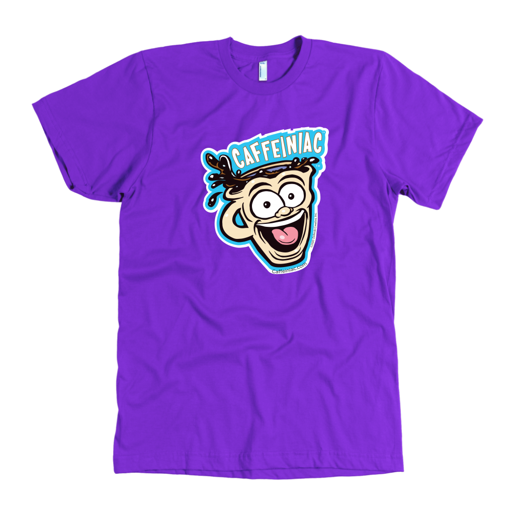 front view of a purple mens t-shirt featuring the original Caffeiniac dude cup design