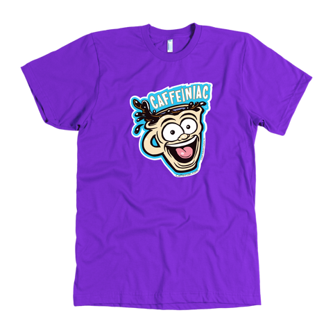Image of front view of a purple mens t-shirt featuring the original Caffeiniac dude cup design