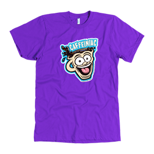 front view of a purple mens t-shirt featuring the original Caffeiniac dude cup design