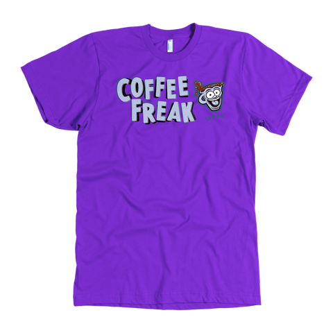 Image of front view of a men's  purple Caffeiniac t-shirt featuring the Coffee Freak design