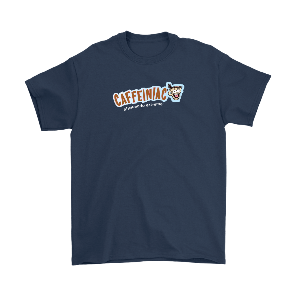 a navy blue Gildan Mens T-Shirt featuring the Caffeinaic aficionado extreme design on the front