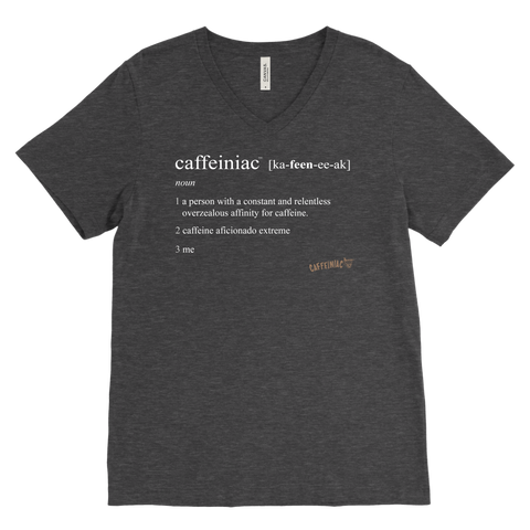 Image of Caffeiniac Defined design on a men's grey v-neck shirt