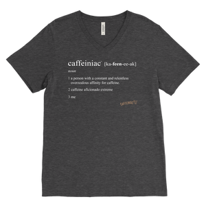 Caffeiniac Defined design on a men's grey v-neck shirt