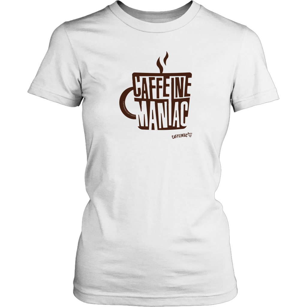 a white shirt featuring the original coffee lover's design "Caffeine Maniac" by Caffeiniac on the front.
