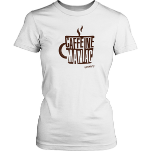 a white shirt featuring the original coffee lover's design "Caffeine Maniac" by Caffeiniac on the front.