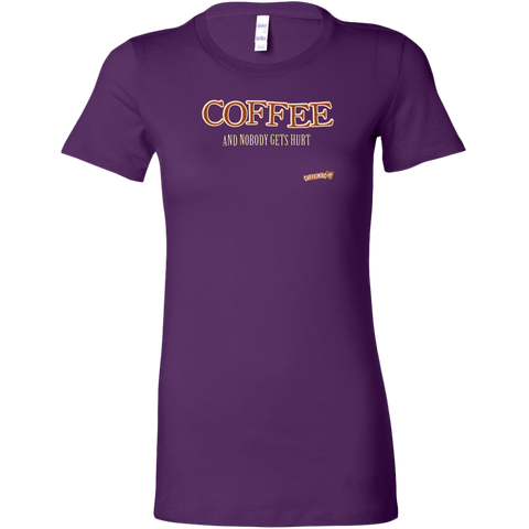 Image of front view of a womans purple shirt featuring the Caffeiniac design "Coffee and nobody gets hurt" on the front 