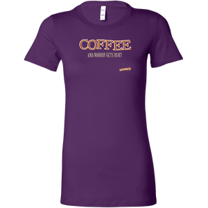front view of a womans purple shirt featuring the Caffeiniac design "Coffee and nobody gets hurt" on the front 