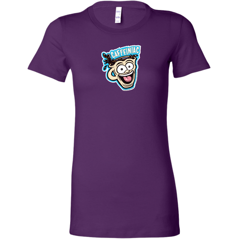 Image of front view of a purple short sleeve womens  shirt featuring the original Caffeiniac dude cup design on the front