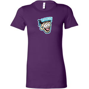 front view of a purple short sleeve womens  shirt featuring the original Caffeiniac dude cup design on the front