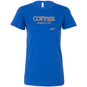 front view of a womans royal blue shirt featuring the Caffeiniac design "Coffee and nobody gets hurt" on the front 