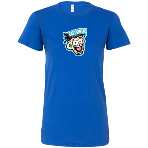 Image of front view of a royal blue short sleeve shirt featuring the original Caffeiniac dude cup design on the front