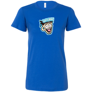 front view of a royal blue short sleeve shirt featuring the original Caffeiniac dude cup design on the front