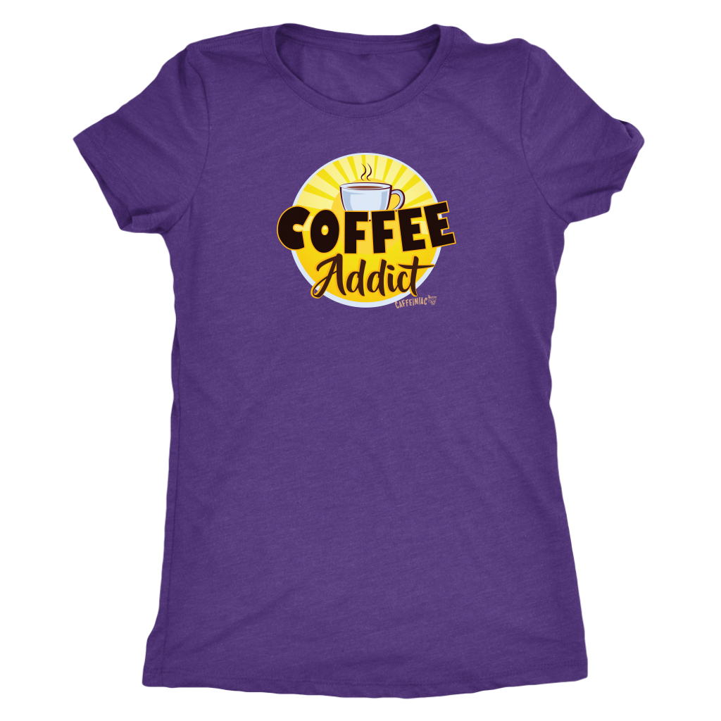 front view of a purple Caffeiniac shirt with the Coffee Addict design