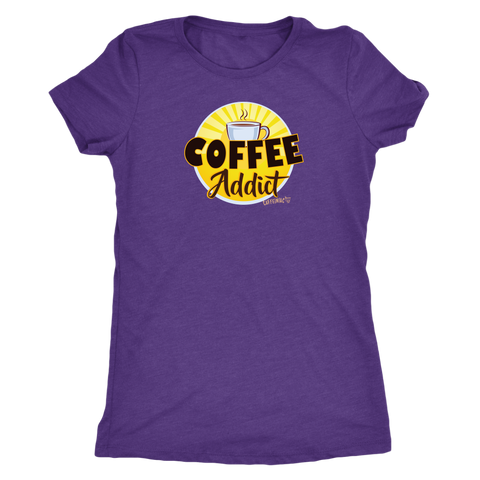 Image of front view of a purple Caffeiniac shirt with the Coffee Addict design