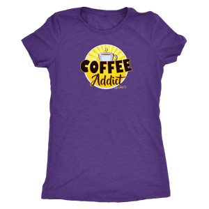 front view of a purple Caffeiniac shirt with the Coffee Addict design