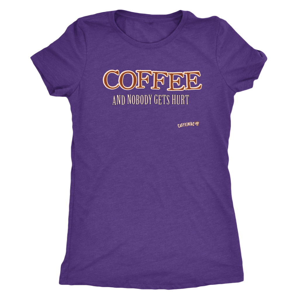 front view of a purple shirt featuring the original Caffeiniac design COFFEE AND NOBODY GETS HURT