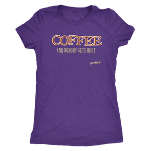 front view of a purple shirt featuring the original Caffeiniac design COFFEE AND NOBODY GETS HURT
