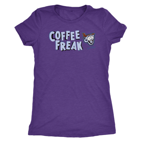 Image of front view of a women's purple Caffeiniac COFFEE FREAK t-shirt