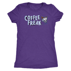 front view of a women's purple Caffeiniac COFFEE FREAK t-shirt