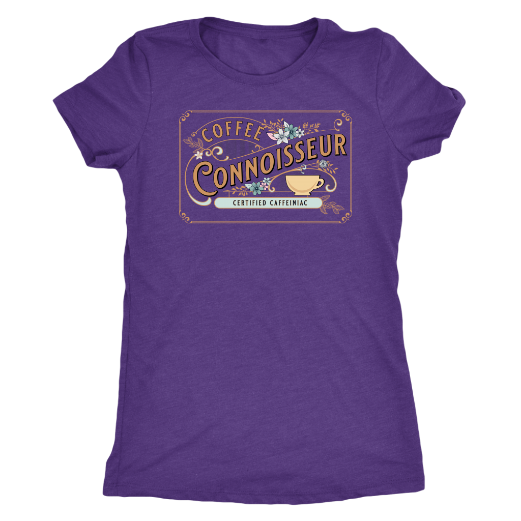 a woman's  vintage purple  t-shirt with the coffee connoisseur design by caffeiniac