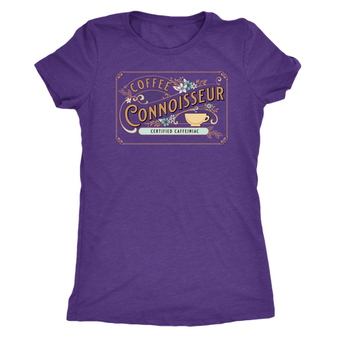 Image of a woman's  vintage purple  t-shirt with the coffee connoisseur design by caffeiniac