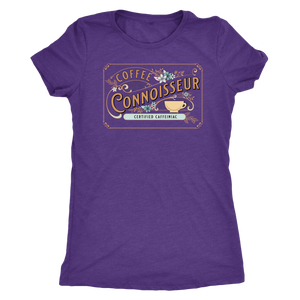a woman's  vintage purple  t-shirt with the coffee connoisseur design by caffeiniac