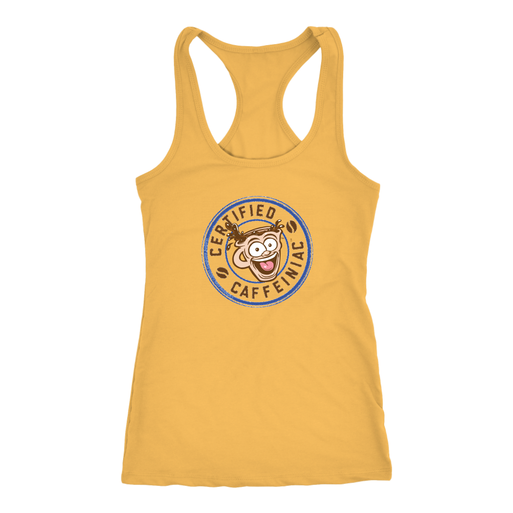 front view of a yellow racerback tank top featuring the Certified Caffeiniac design on the front 