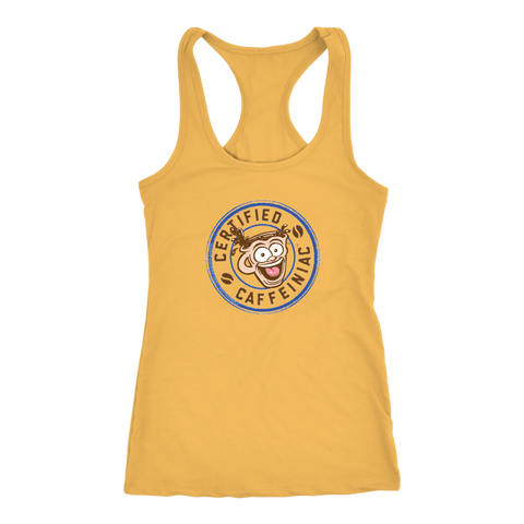 Image of front view of a yellow racerback tank top featuring the Certified Caffeiniac design on the front 