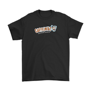 front view of a black Gildan Mens T-Shirt featuring the Caffeinaic aficionado extreme design 