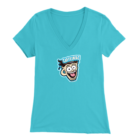 Image of Front view of a light blue colored womens v-neck light blue shirt featuring the original Caffeiniac Dude cup design on the front