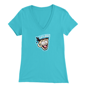 Front view of a light blue colored womens v-neck light blue shirt featuring the original Caffeiniac Dude cup design on the front