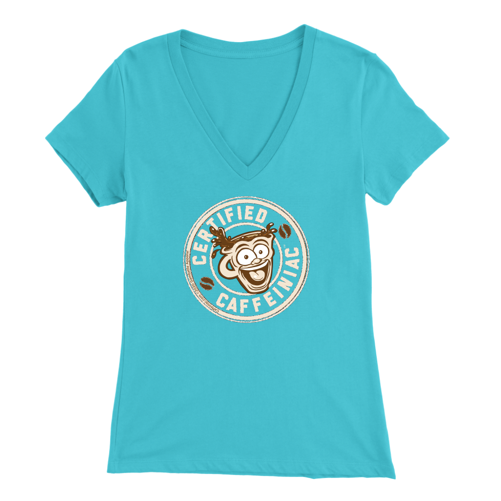 front view of a teal v-neck shirt featuring the Certified Caffeiniac design on the front