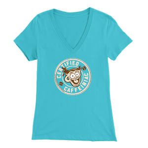 front view of a teal v-neck shirt featuring the Certified Caffeiniac design on the front