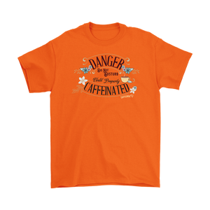 a men's orange t-shirt featuring the Caffeiniac design "Danger Do Not Disturb Until Properly Caffeinated".