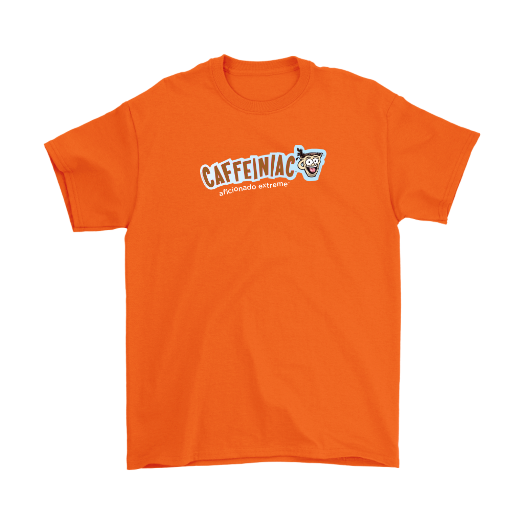 an orange Gildan Mens T-Shirt featuring the Caffeinaic aficionado extreme design on the front